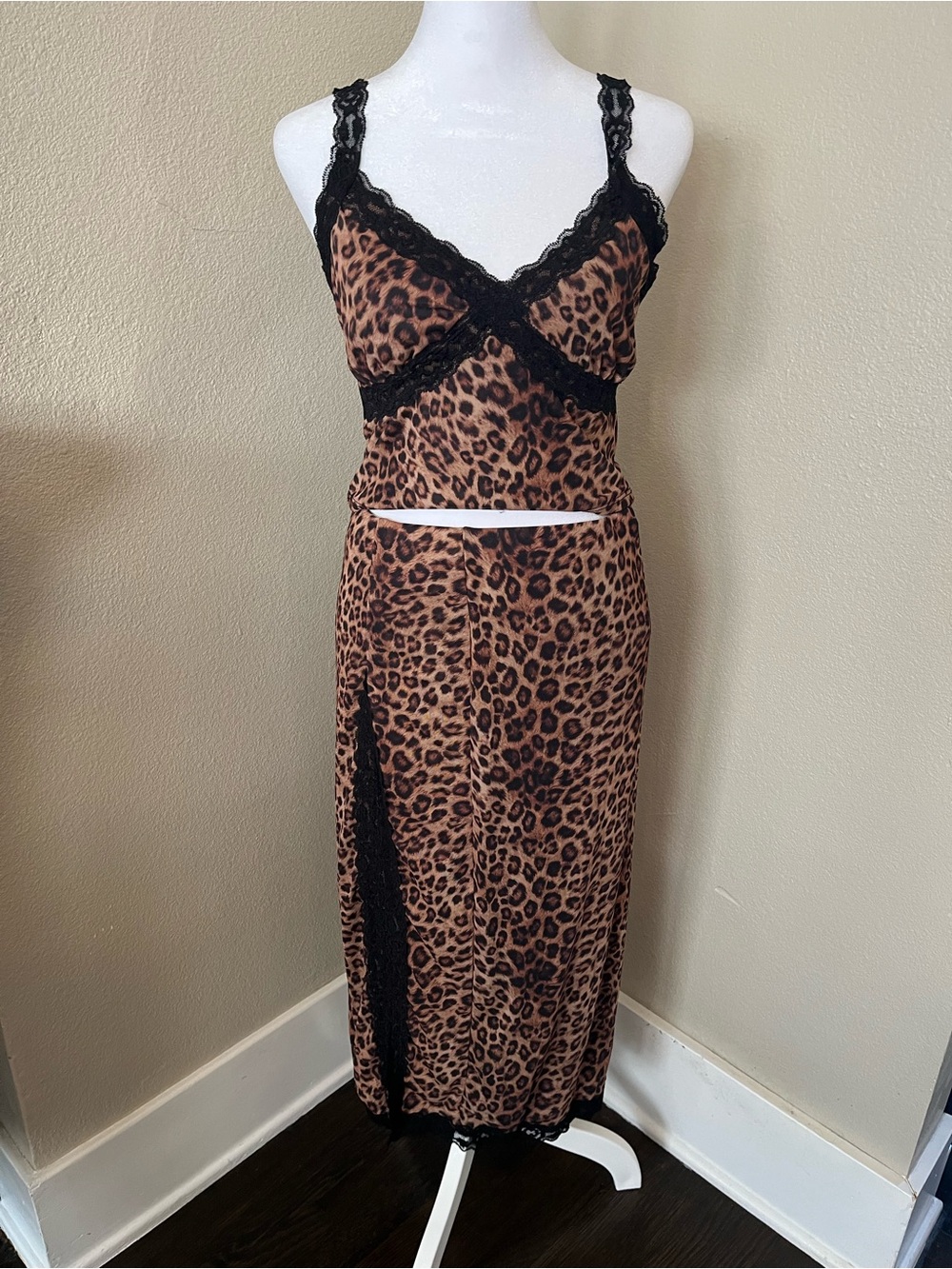 Lulus Leopard Print Lace-Trim Camisole & Skirt Sleep Set - Black Trim
